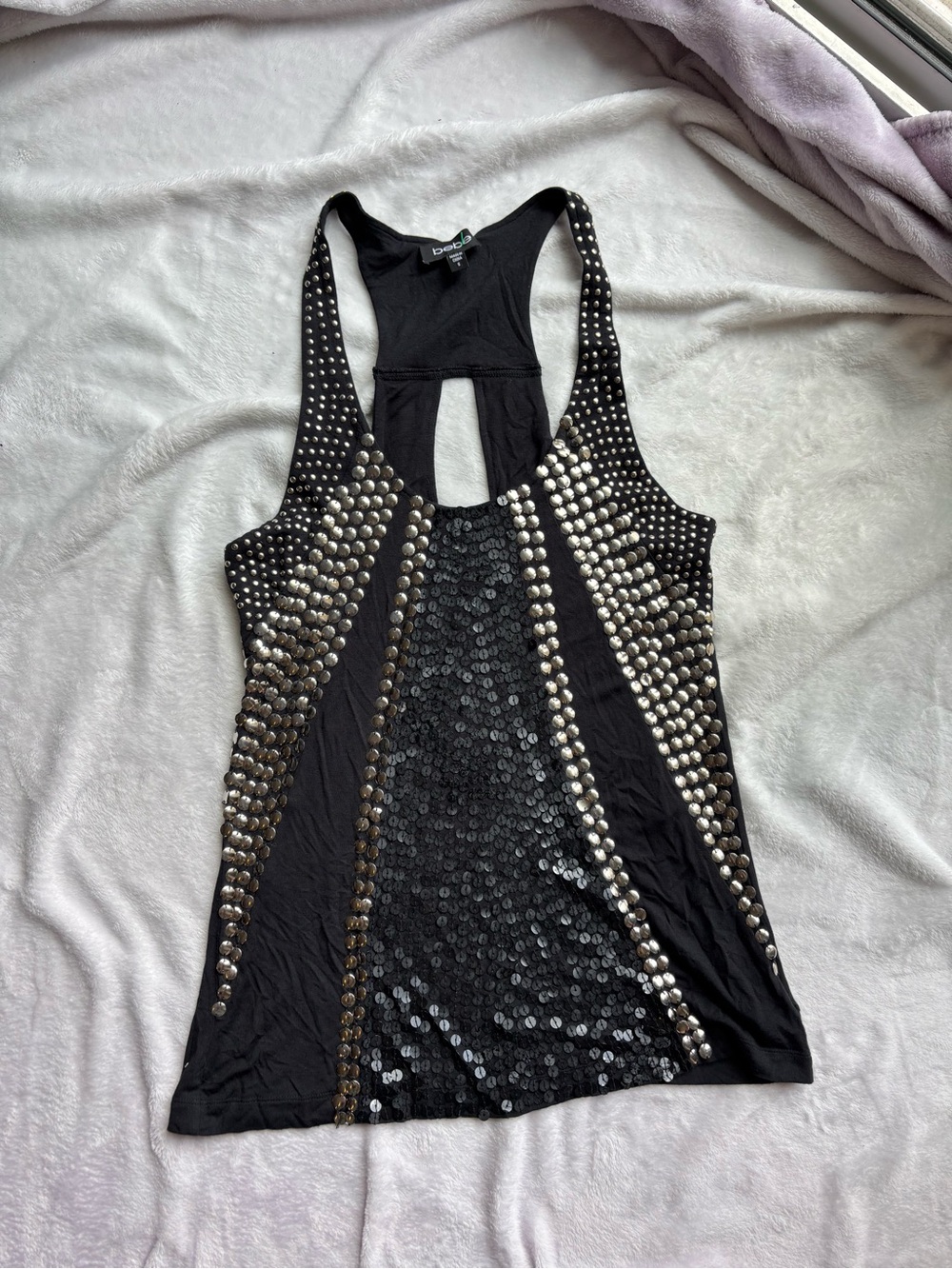 BeBe Black Studded Sequin embellished Racerback Tank Top with Sequin Panel